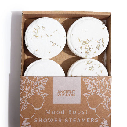 Box of Ancient Wisdom Mood Boost Shower Steamers with four round white products inside.
