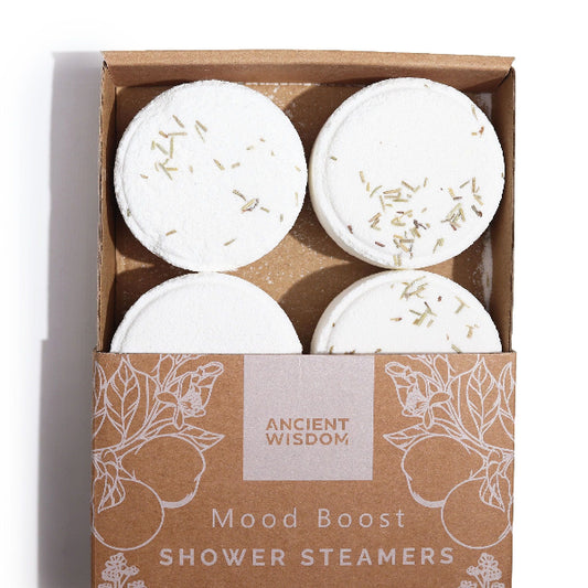 Box of Ancient Wisdom Mood Boost Shower Steamers with four round white products inside.