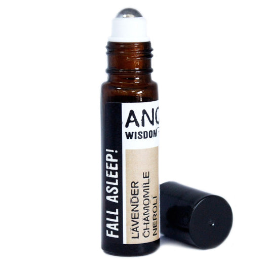 Roll-on bottle with a label reading 'Fall Asleep!' by ANC Wisdom on a white background