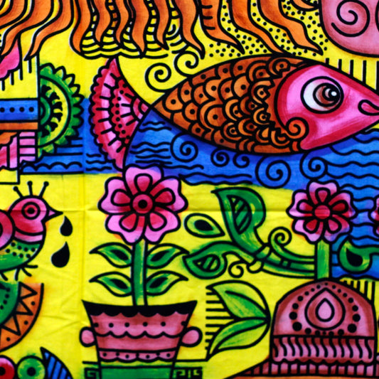 Colorful artwork with fish, flowers, and abstract patterns on a yellow background