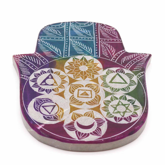 Colorful Hamsa-shaped object with geometric patterns on a white background