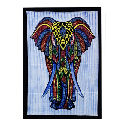 Colorful elephant design on a blue background with a black border