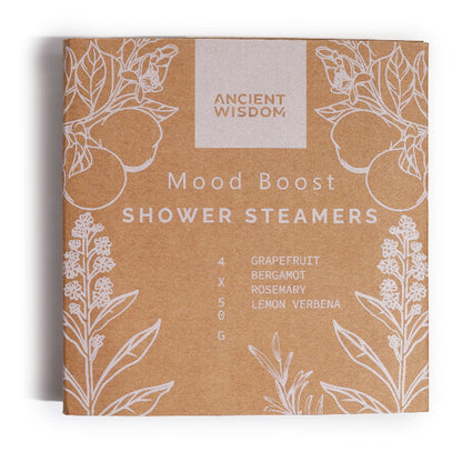 Packaging of Ancient Wisdom Mood Boost Shower Steamers with botanical designs on a white background