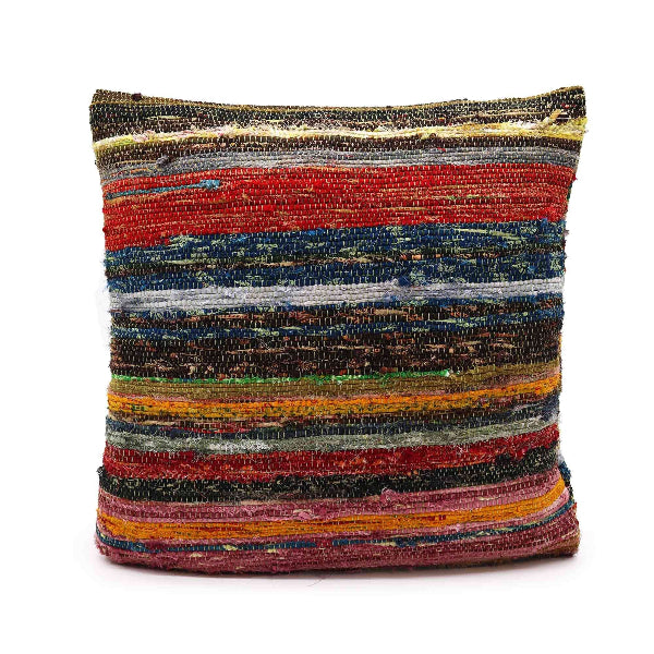 Multicolored striped pillow on a white background