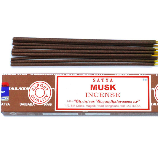 Box of Satya Musk Incense sticks on a white background