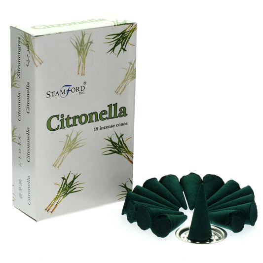 Stamford Citronella incense cones packaging with cones and holder on a white background