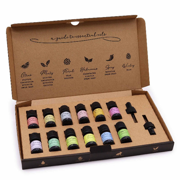 Set of essential oil bottles in a cardboard box with labels on a white background