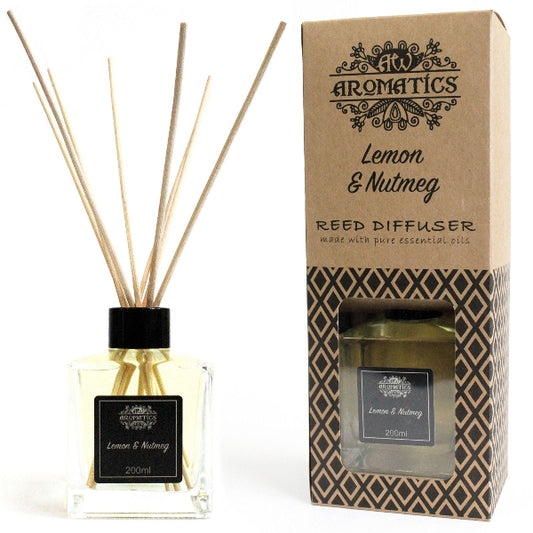 Reed diffuser with packaging labeled 'Lemon & Nutmeg' by Aromatics on a white background.