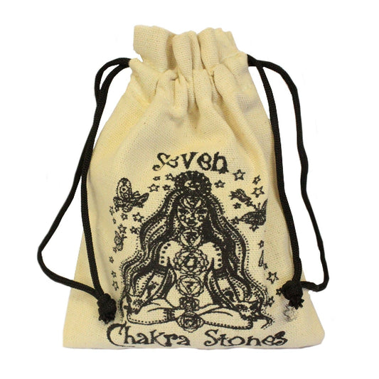 Beige drawstring pouch with black graphics and text on a white background