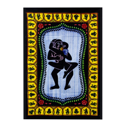 Decorative artwork with a black silhouette of a figure against a colorful frame.