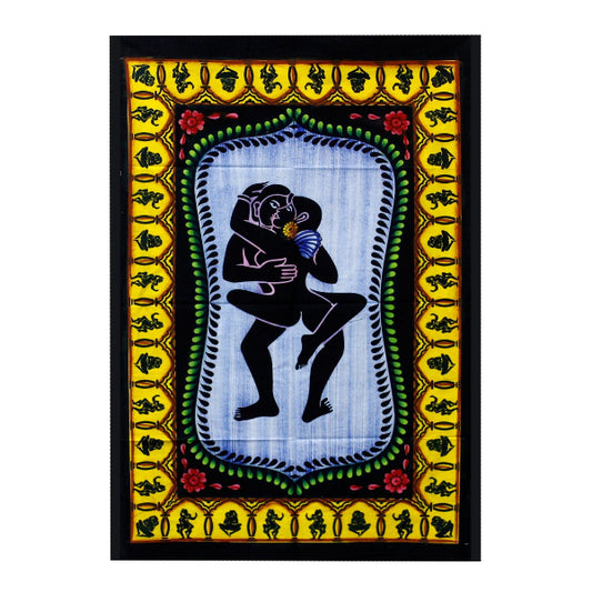 Decorative artwork with a black silhouette of a figure against a colorful frame.