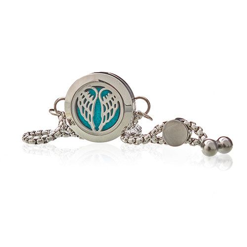 Silver bracelet with a round charm featuring a blue design on a white background