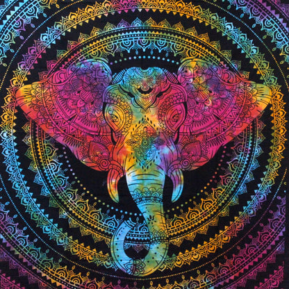 Colorful elephant design with intricate patterns on a black background