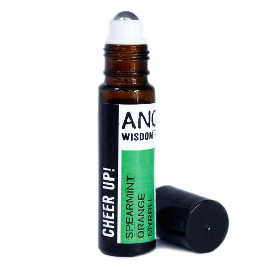 Roll-on bottle with a white cap and label on a white background