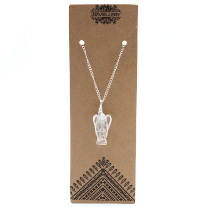 Necklace with a clear pendant on a brown card with 'Jewellery' branding.