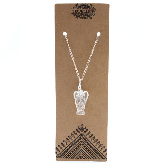 Necklace with a clear pendant on a brown card with 'Jewellery' branding.