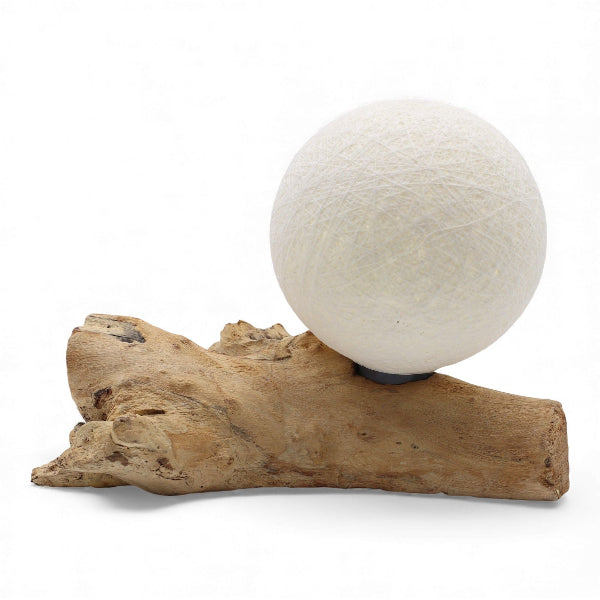 White sphere on a piece of driftwood against a white background