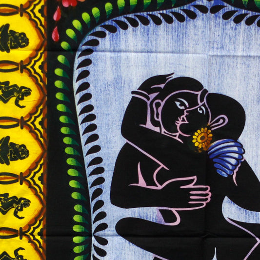 Decorative fabric with black silhouette of a figure and colorful border