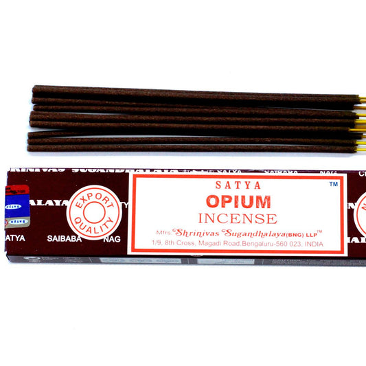 Box of Satya Opium Incense sticks on a white background