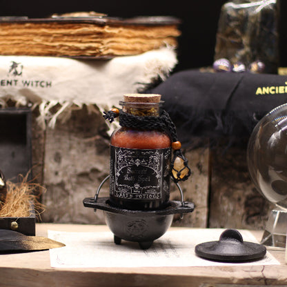 Decorative bottle with label on a stand in a mystical setting