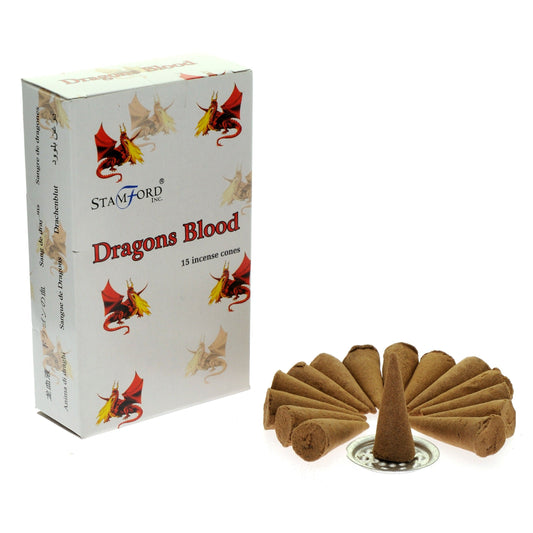 Stamford Inc. Dragons Blood incense cones packaging with cones displayed.