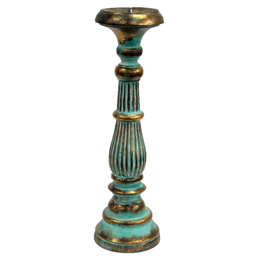 Decorative candle holder with turquoise and gold finish on a white background