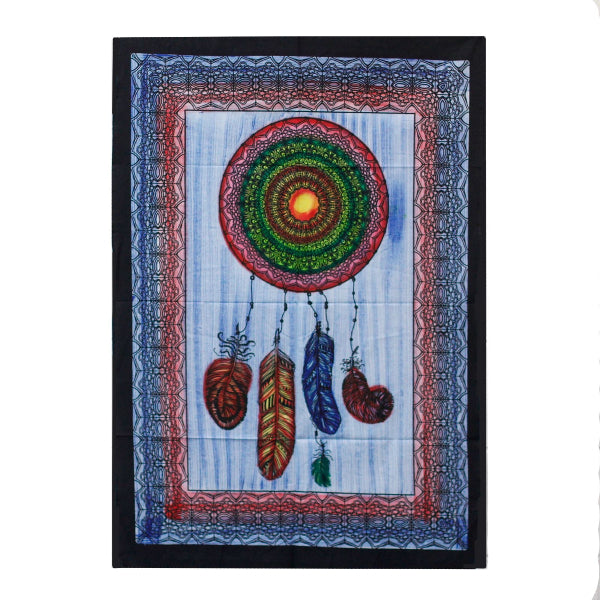 Decorative tapestry with a colorful dreamcatcher design on a white background