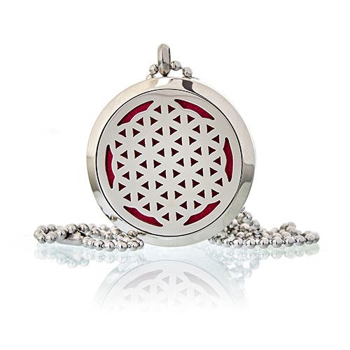 Silver locket with geometric design on a white background