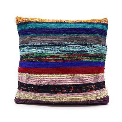Multicolored striped pillow on a white background