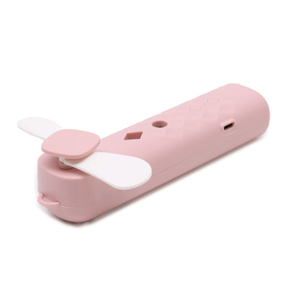 Pink and white device with fan-like components on a white background