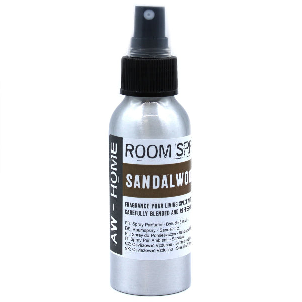 Silver room spray bottle labeled 'Sandalwood' on a white background