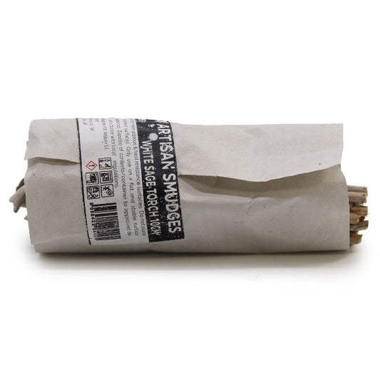 Rolled sage sticks with a label on a white background