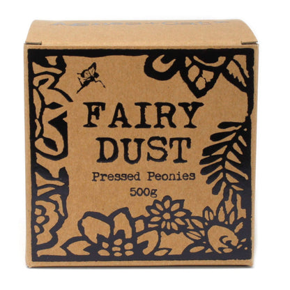 Box labeled 'Fairy Dust Pressed Peonies' with decorative elements on a white background